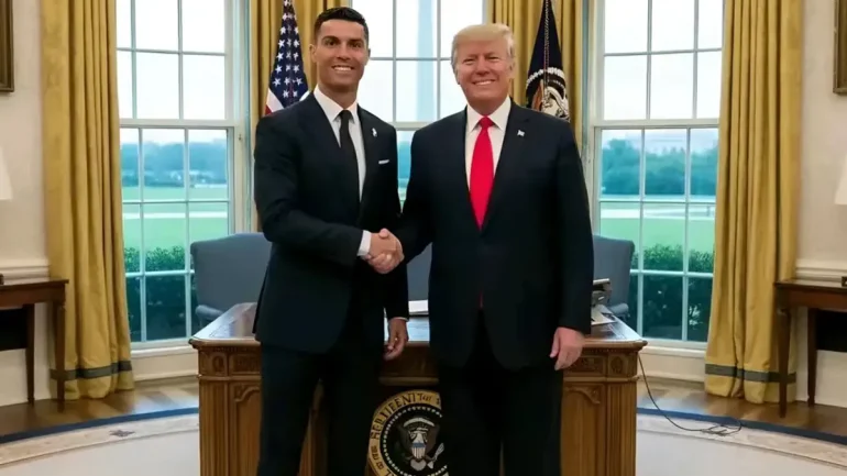 Cristiano Ronaldo en costume lors d’une visite à la Maison Blanche chez Donald Trump.