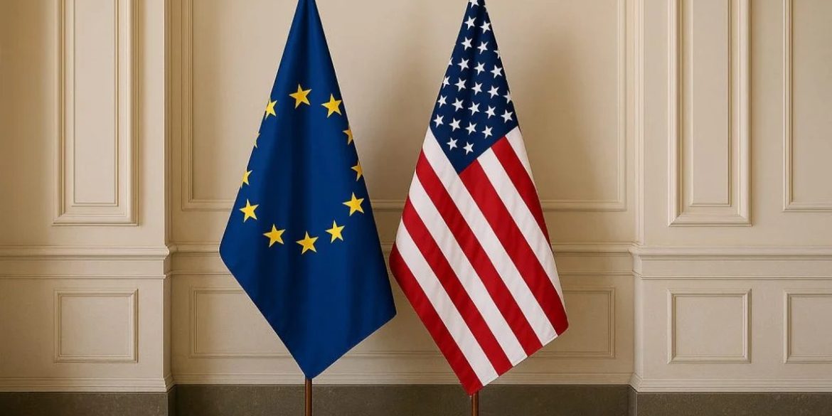 Drapeaux européen et américain, symbole des tensions commerciales et des rapports de force politiques