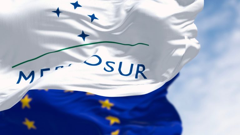 Drapeaux de l’UE et des pays du Mercosur, symbole d’un accord commercial en voie de finalisation.