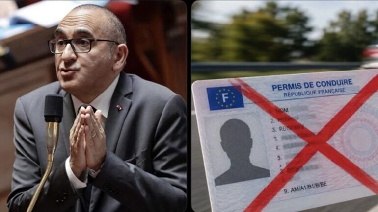 Un responsable politique français à côté d’un permis de conduire barré d’une croix rouge