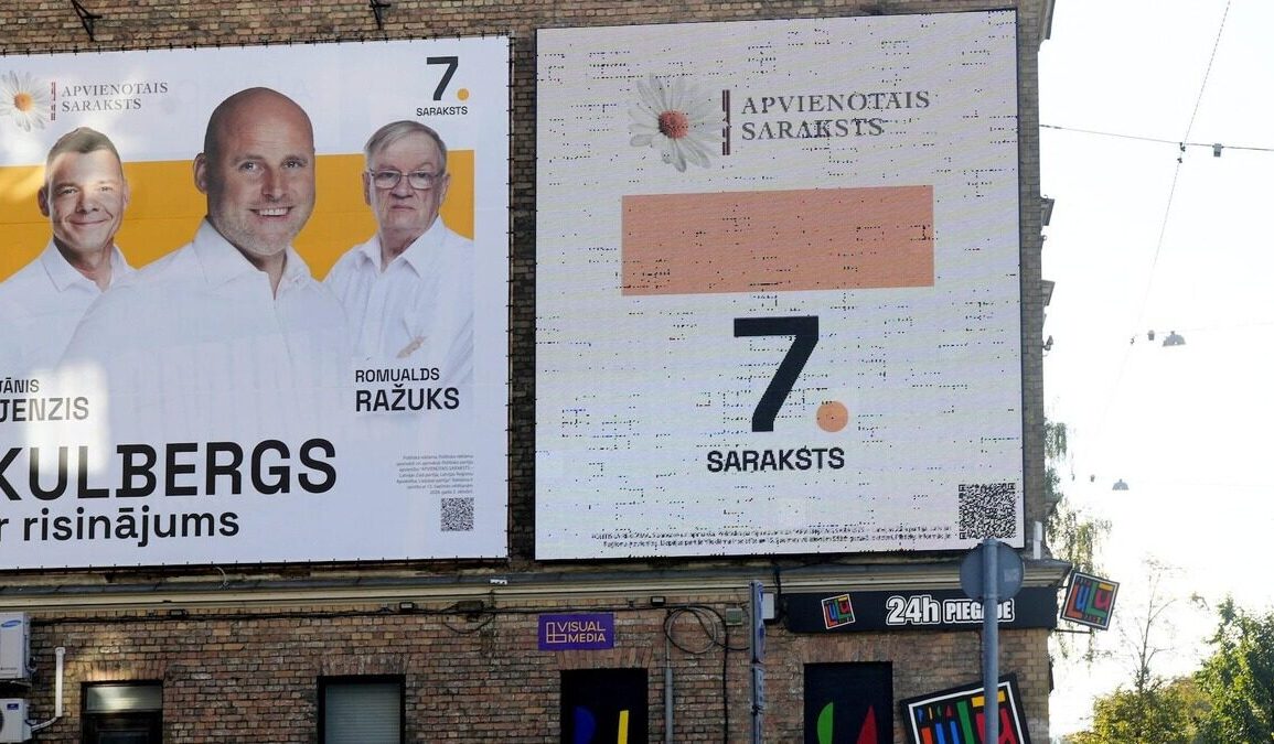 Affiches électorales d’Andris Kulbergs et de son parti United List en Lettonie